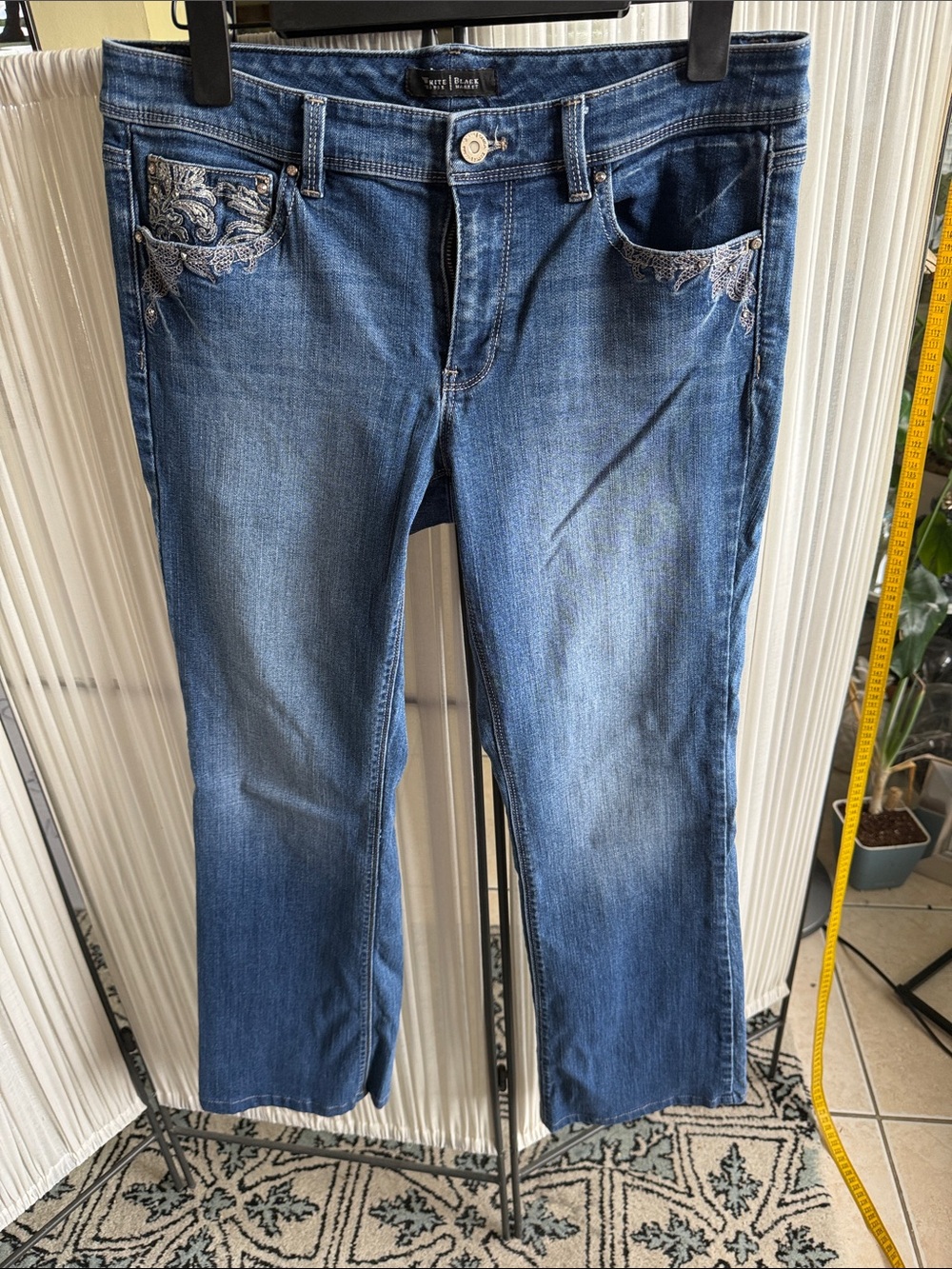 White House Black Market Blue Flare Jeans with Crystal Embellished Pockets